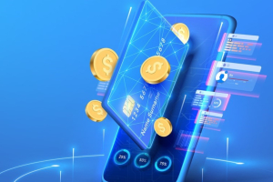 Illustration of a phone with a credit card and bitcoins
