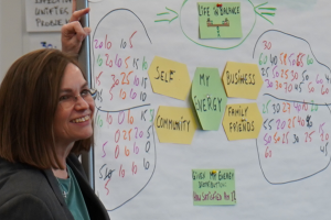 An individual stands in front of a white board with writing on it